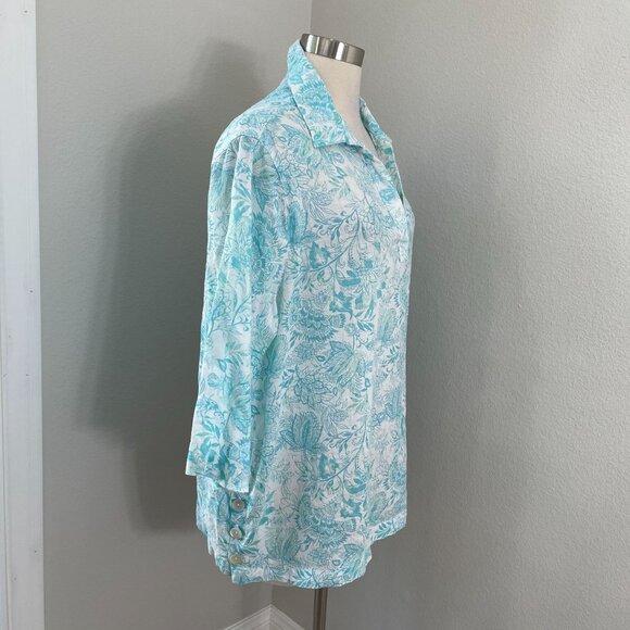 Sigrid Olsen Womens Plus 1X 100% Linen Side Button Top Floral Turquoise White - Picture 2 of 11